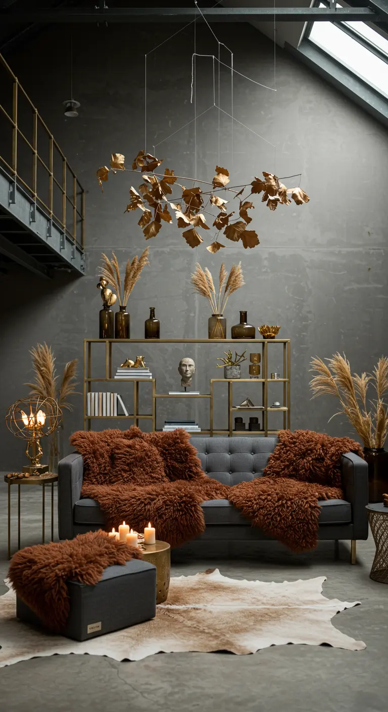 A grey sofa in a concrete loft space, softened with rust-colored faux fur throws.