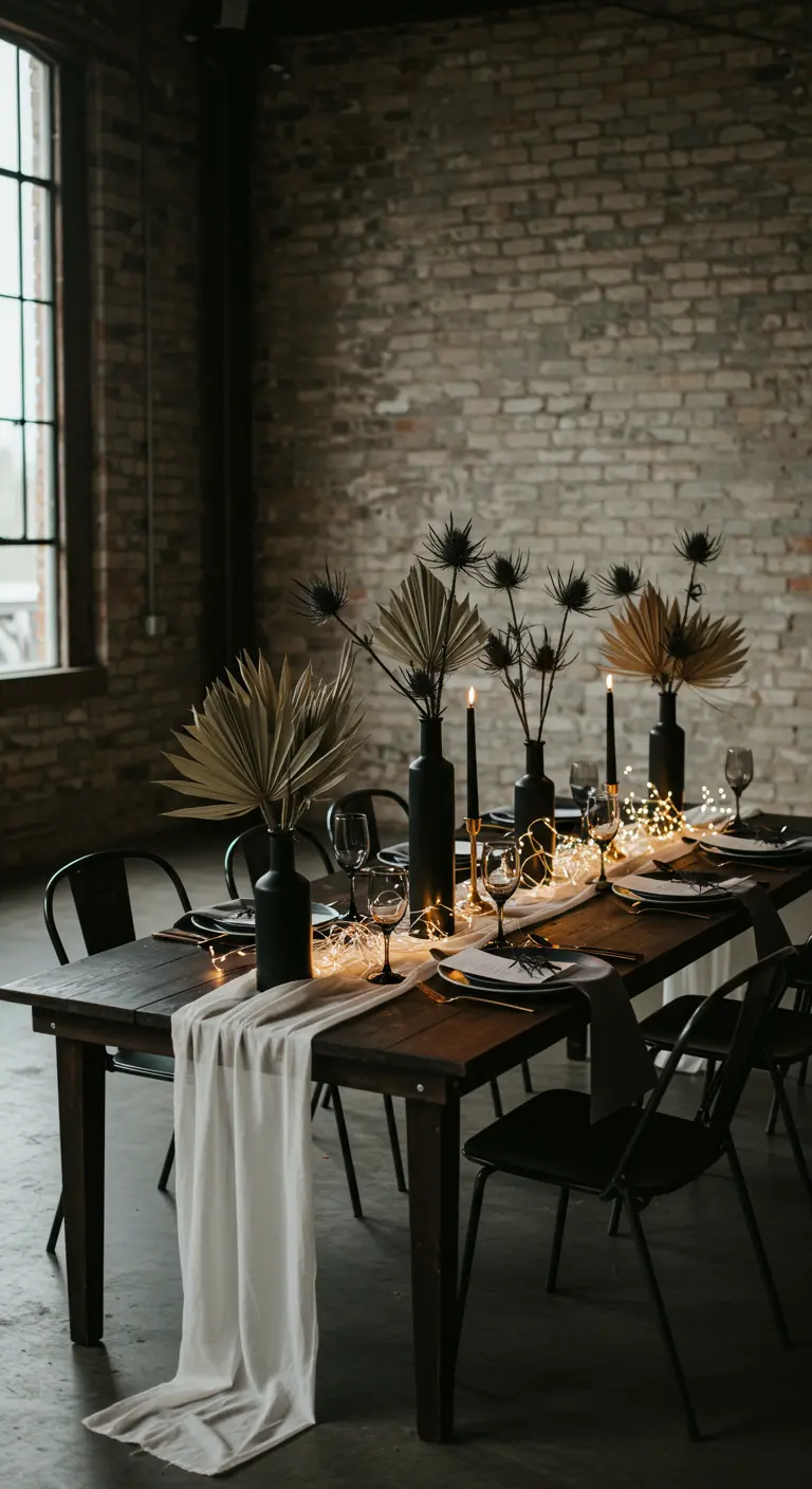Dark table in an industrial loft with black vases, dried palms, and fairy lights.