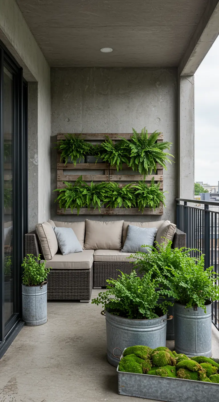 A concrete balcony with a sectional sofa and a pallet on the wall used as a planter.