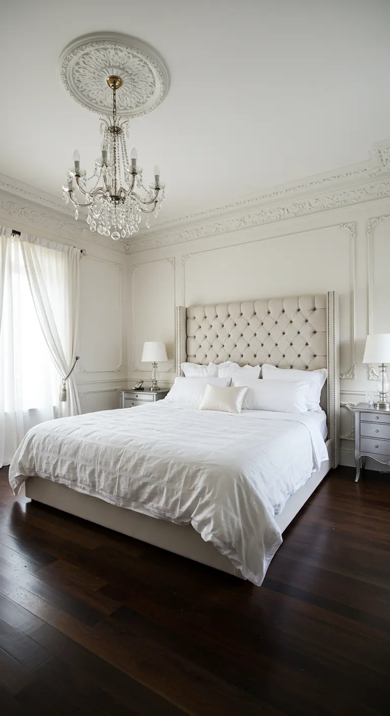 An elegant bedroom with a tall tufted headboard, crystal chandelier, and wall mouldings.