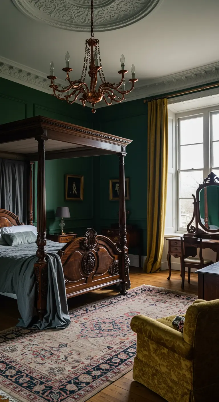 Traditional bedroom with a dark wood four-poster bed, green walls, and an ornate copper chandelier.