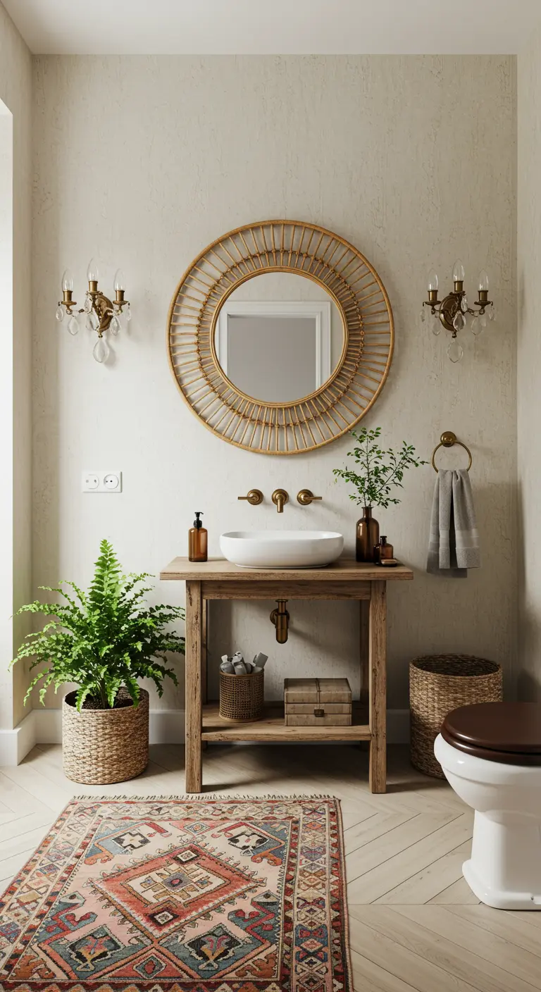 Bohemian-inspired powder room with a rattan mirror, wood vanity, and patterned rug.