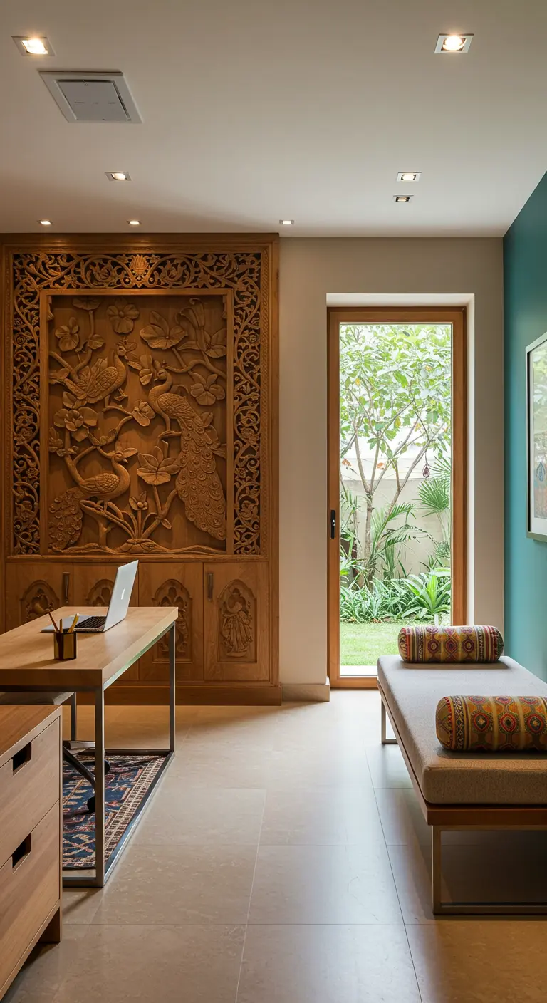 Home office with a large carved peacock wall panel behind a simple wooden desk.