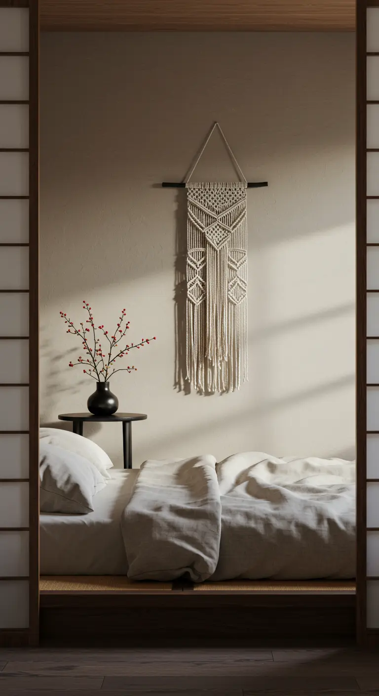 A minimalist bedroom with a low bed and a macramé hanging, viewed through a shoji screen.