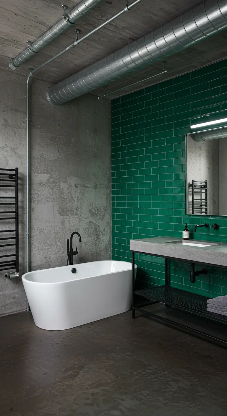Industrial bathroom with a striking emerald green subway tile wall.