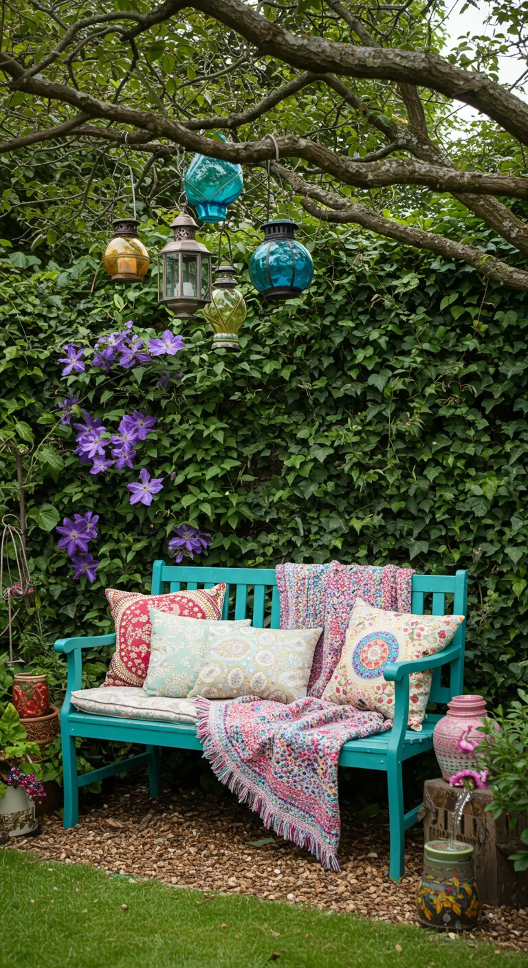 A bright turquoise bench adorned with colorful patterned pillows, a throw, and hanging lanterns.