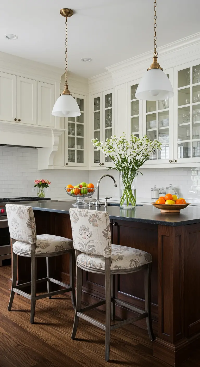 White kitchen with a dark island and bar stools upholstered in a vintage floral fabric.