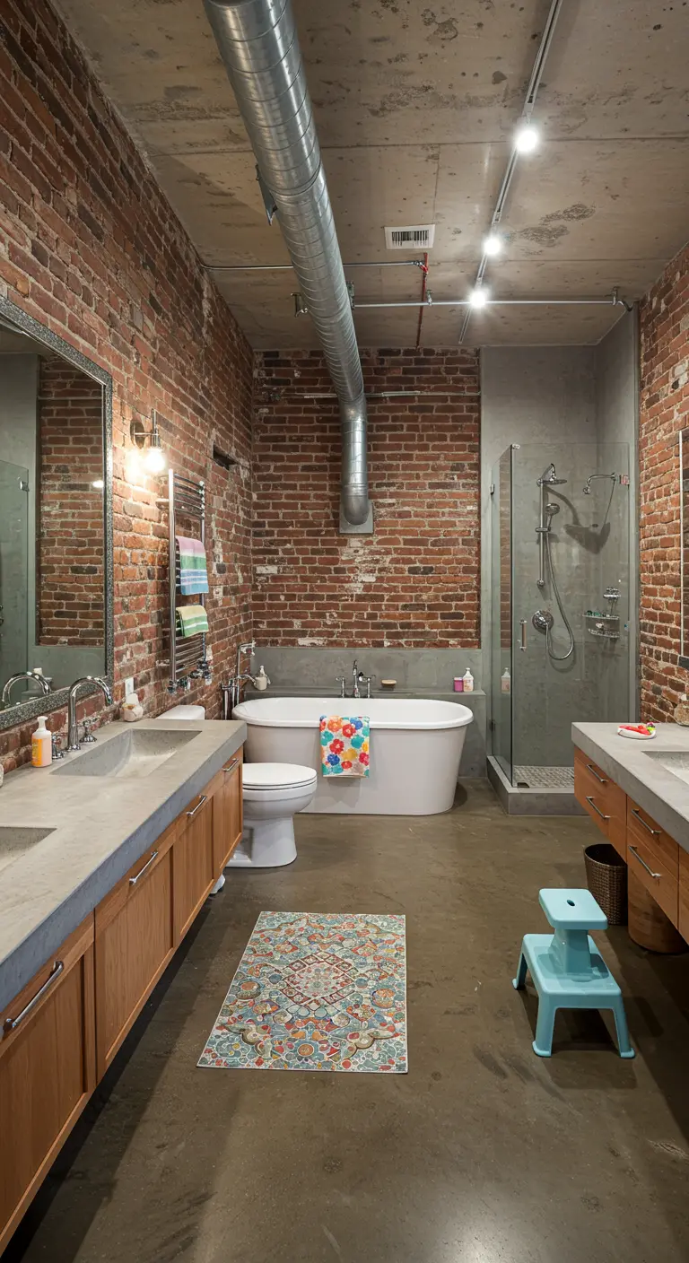 Loft bathroom with brick walls, colorful rug, and bright towels.