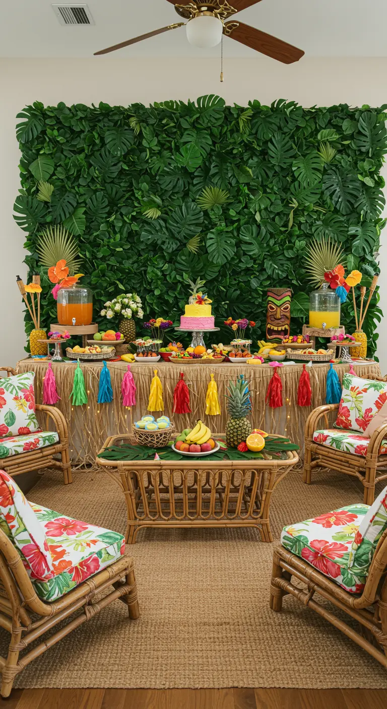 Tropical luau party with a lush green leaf wall backdrop, tiki decor, and hibiscus print chairs.