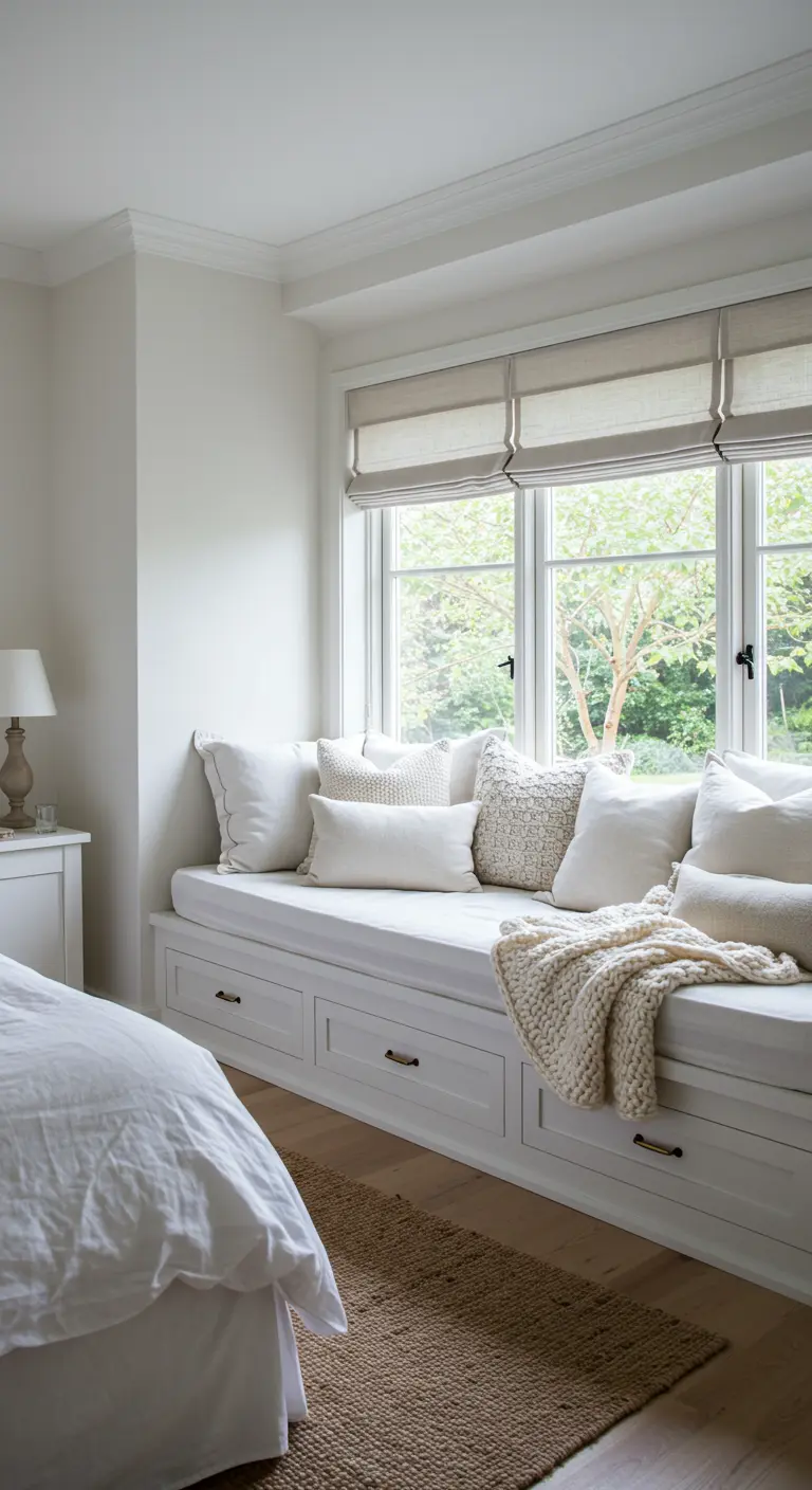 A cozy white window seat with built-in storage drawers, filled with textured white pillows.