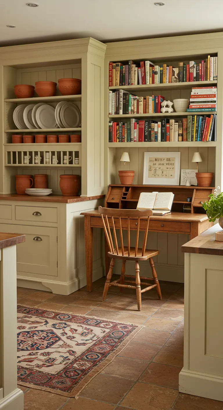 Country kitchen with sage green cabinets and a built-in wooden secretary desk.