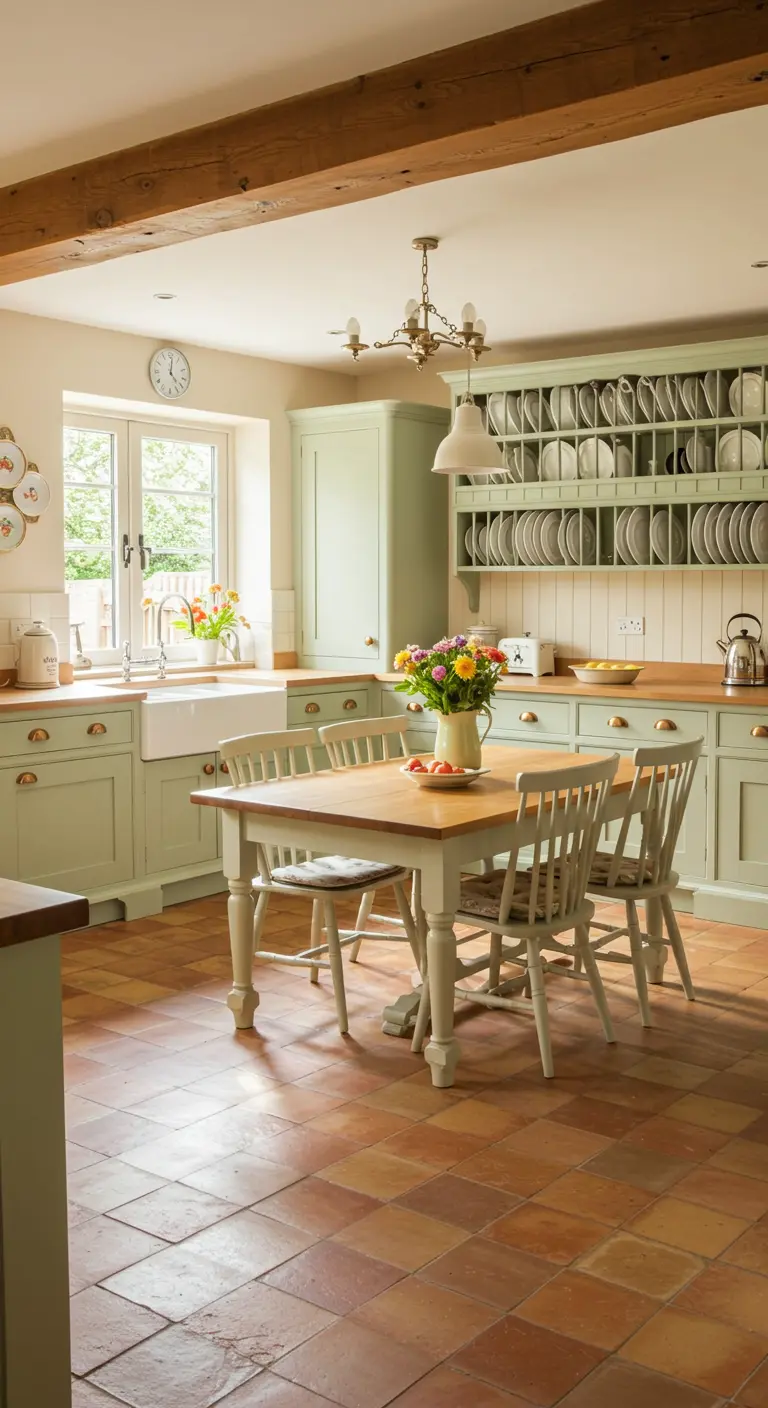 English country kitchen with sage green cabinets and a small wooden dining table.