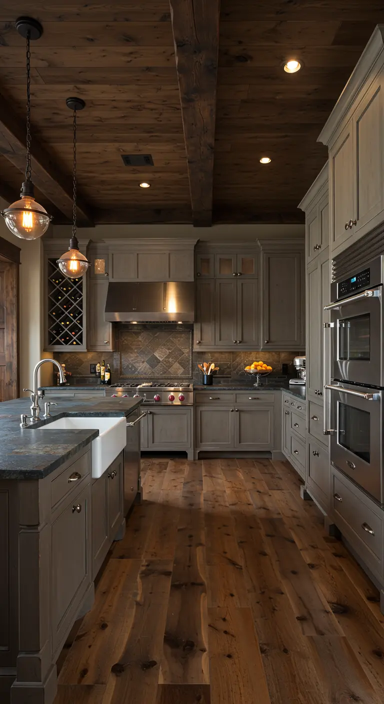 Sophisticated rustic kitchen with dark wood floors and integrated wine storage.