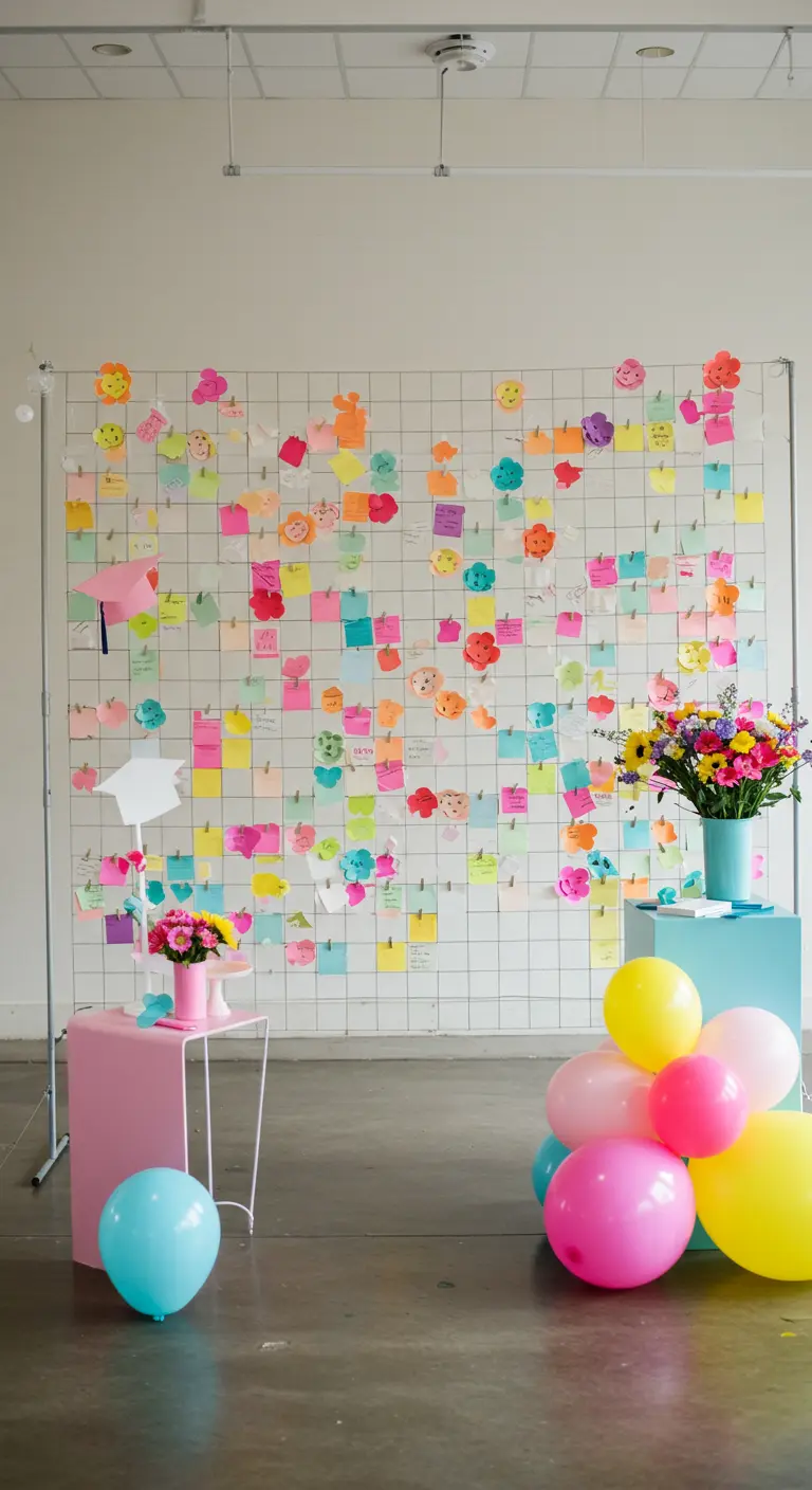 A wire grid wall covered in colorful sticky notes and handmade paper flowers as a party activity.