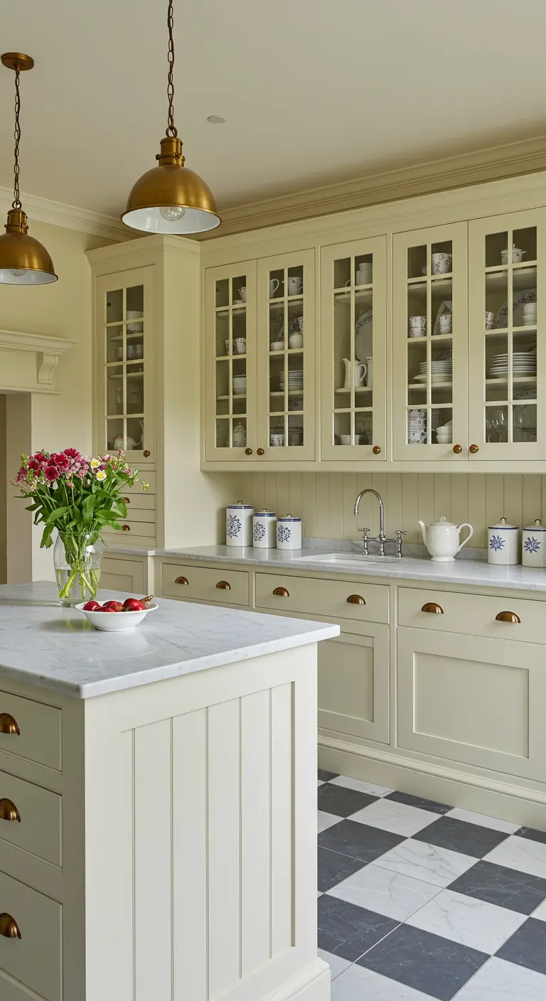 Traditional buttermilk kitchen with glass-front cabinets and a black and white checkerboard floor.