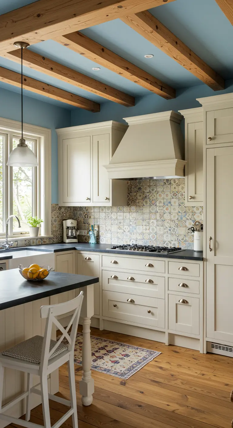 Rustic kitchen with cream cabinets, a patterned backsplash, and a blue ceiling.