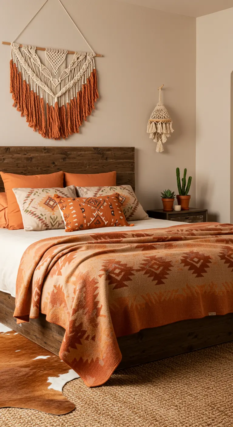 A bedroom with a macramé hanging dip-dyed with a vibrant orange color at the bottom.