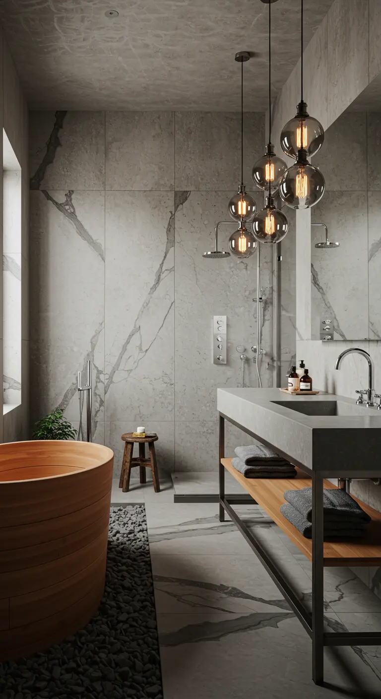 Japandi-style bathroom with a wooden tub, concrete vanity, and river rock floor detail.