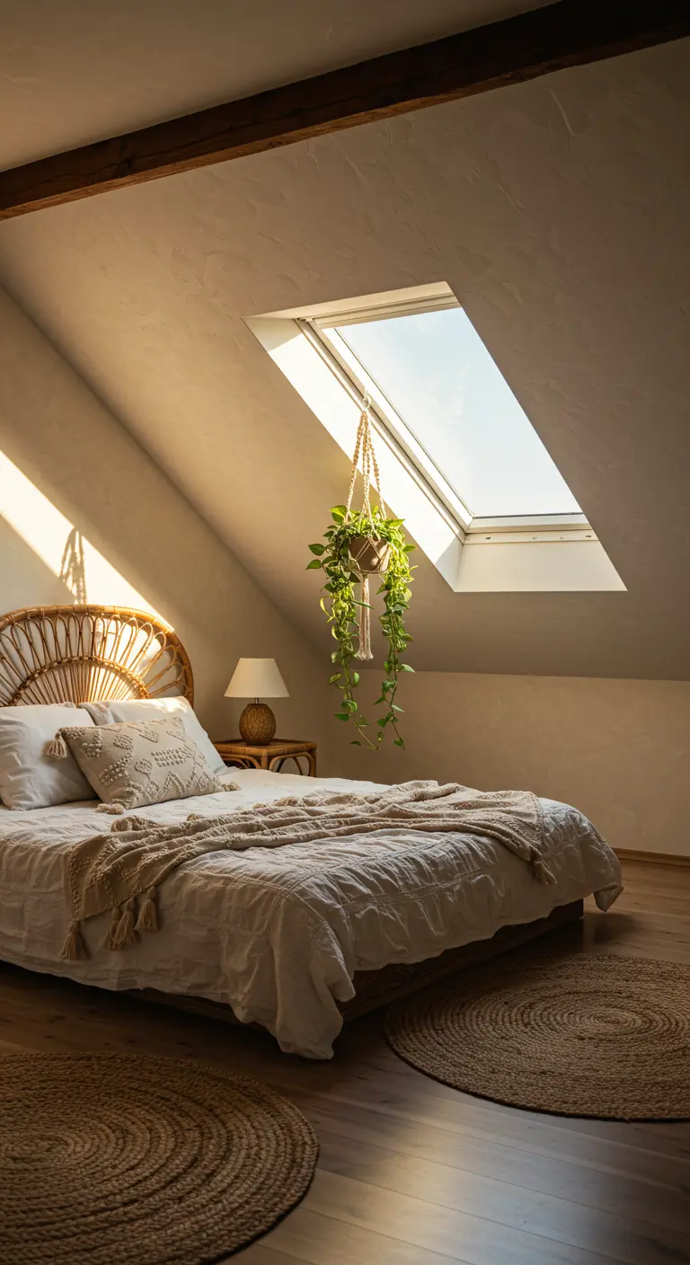 Boho loft bedroom with a rattan headboard and a plant hanging near the skylight.