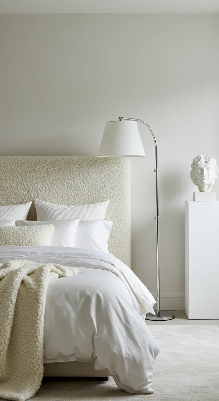 A bed with a large, soft bouclé headboard and a matching sherpa throw.