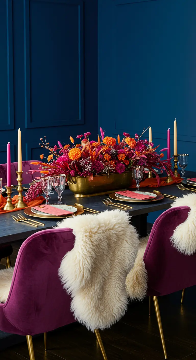 Dining table against a blue wall with vibrant magenta chairs and a colorful centerpiece.
