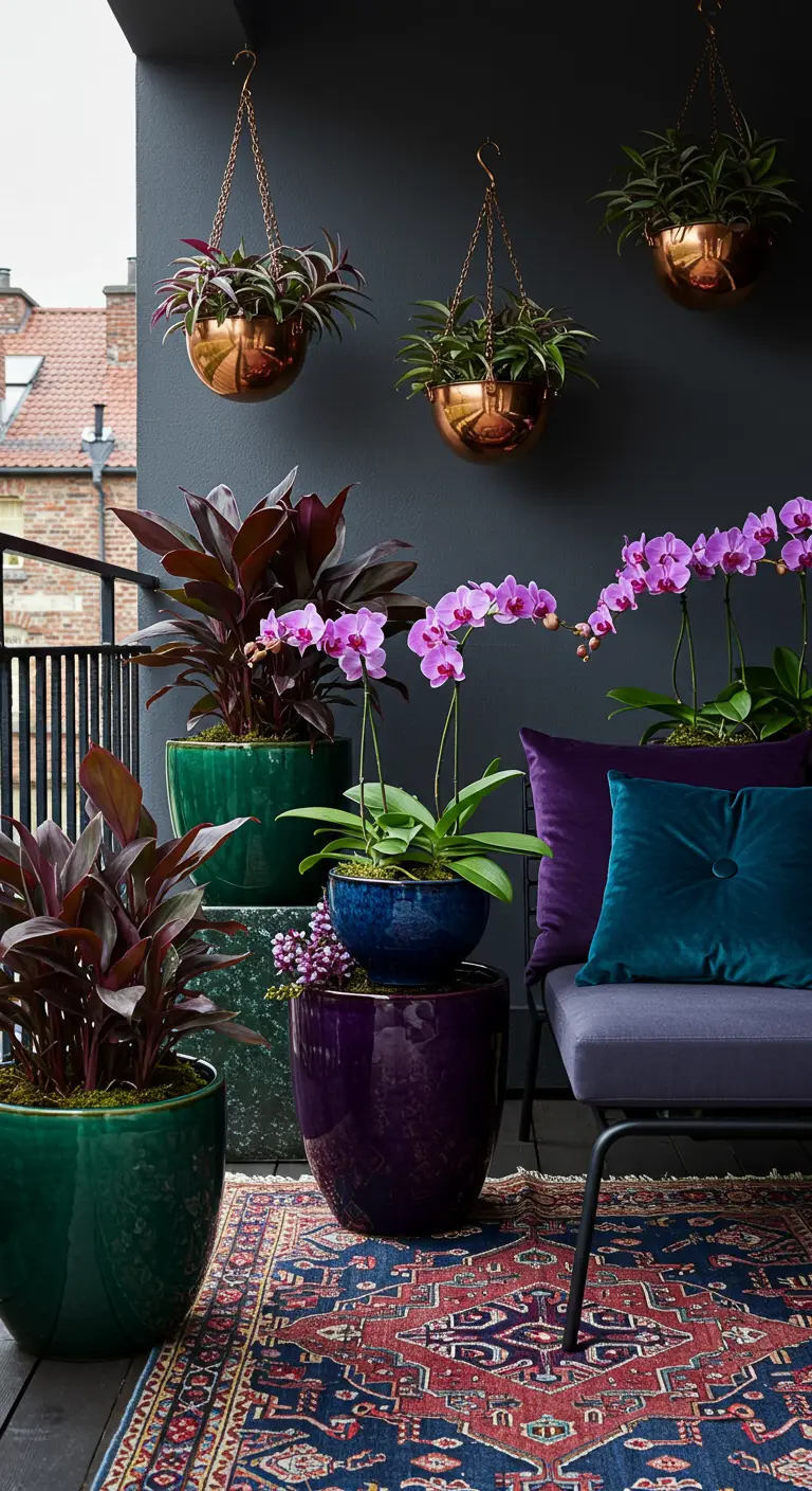 A chic, moody balcony with jewel-toned planters, orchids, and a dark wall.