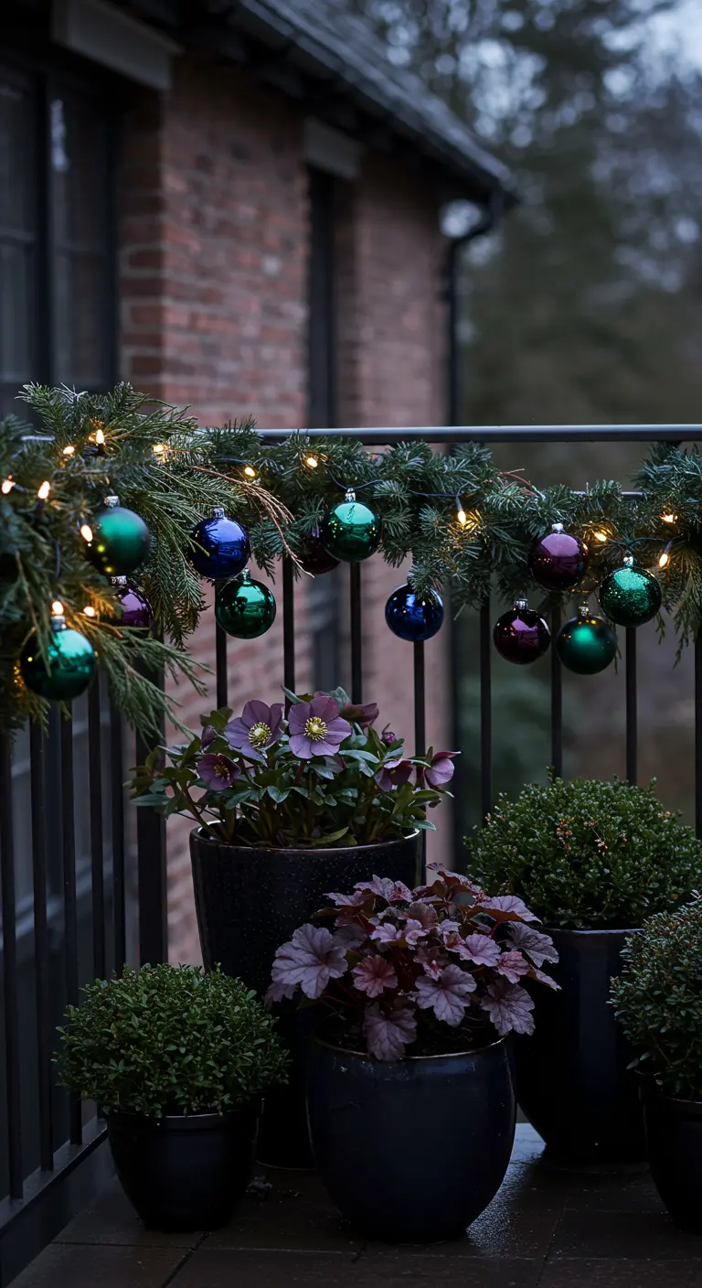 A dark balcony with a garland of jewel-toned ornaments and planters with purple flowers.
