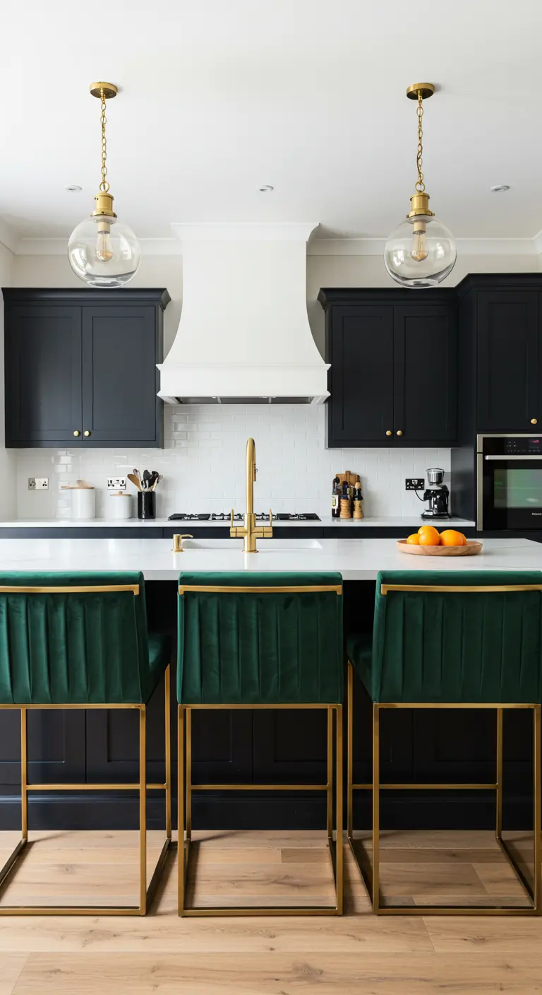 Black kitchen with emerald green velvet and gold stools and a white range hood.