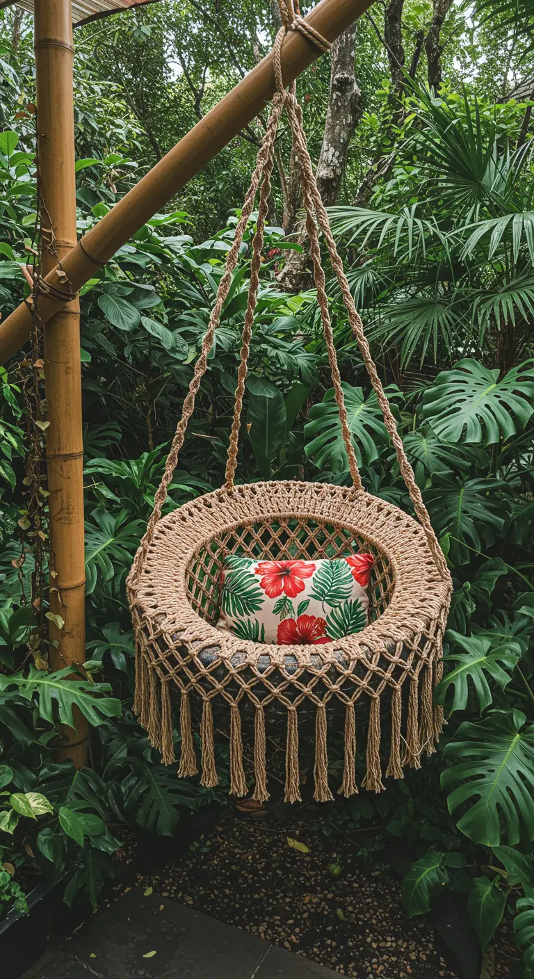 Jute macramé tire swing hanging in a dense tropical garden.