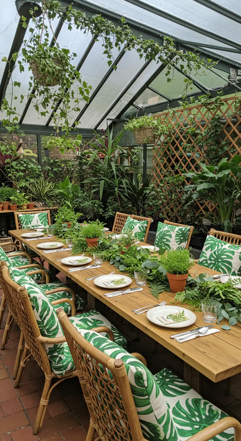 Dining table in a greenhouse with Monstera-print cushions and a potted plant table runner.
