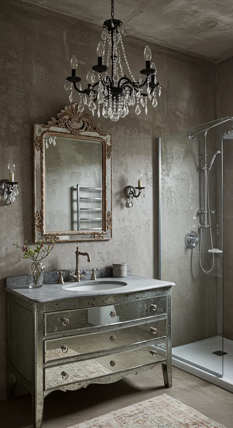 Industrial bathroom with concrete walls, a mirrored vanity, and a crystal chandelier.