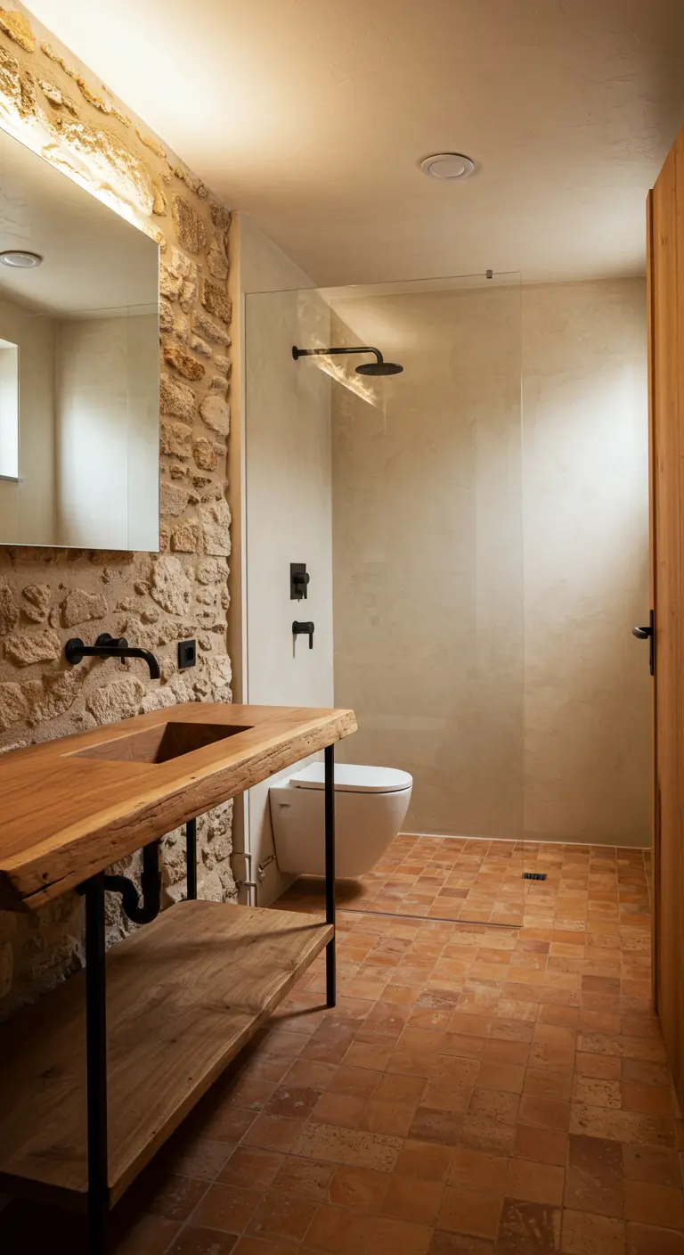 Bathroom with a rough stone wall, a live-edge wood vanity, and a smooth plaster shower.