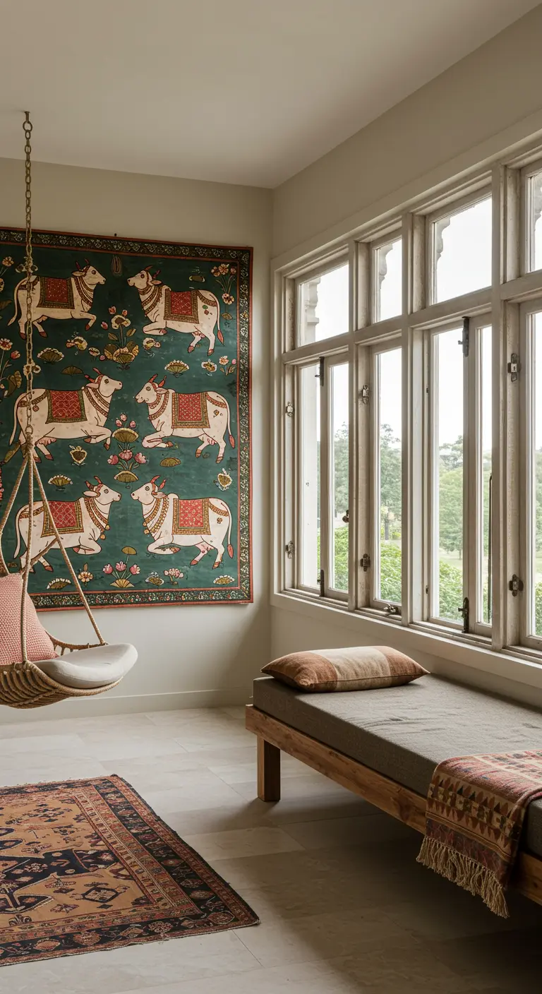 A reading corner with a hanging swing chair and a large Indian Pichwai painting on the wall.