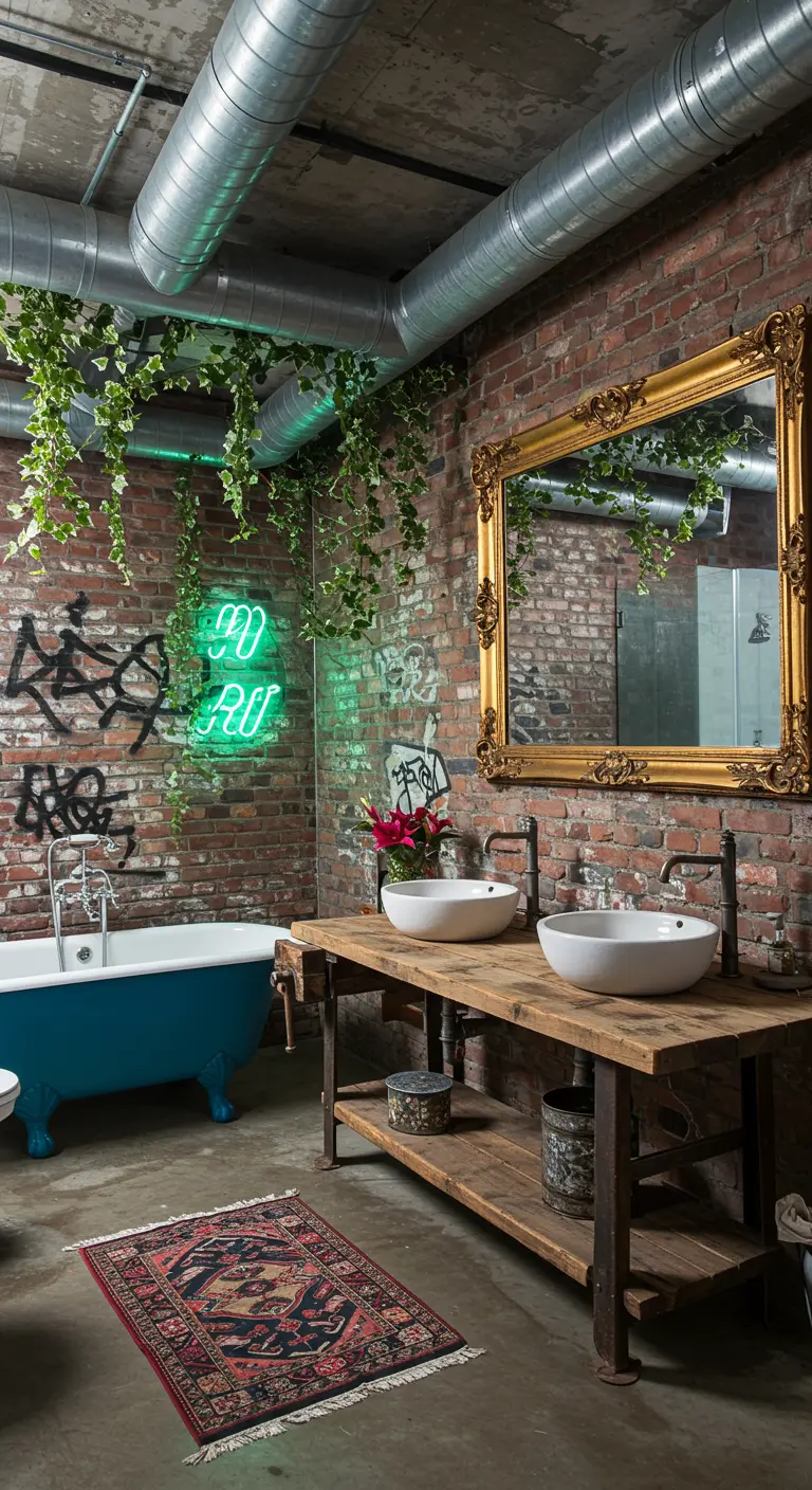 Eclectic bathroom with graffiti on brick, a gold mirror, and a blue tub.