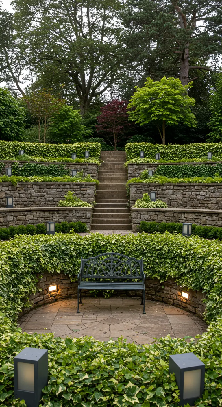 An ornate green bench in a recessed nook of a modern, tiered garden with geometric lights.
