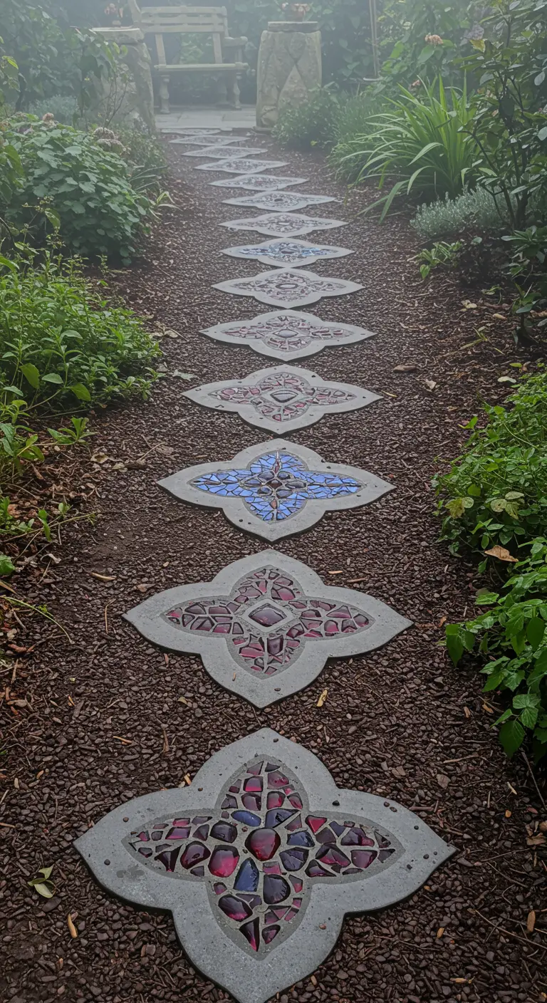 Quatrefoil-shaped stepping stones with intricate red and blue mosaic patterns.