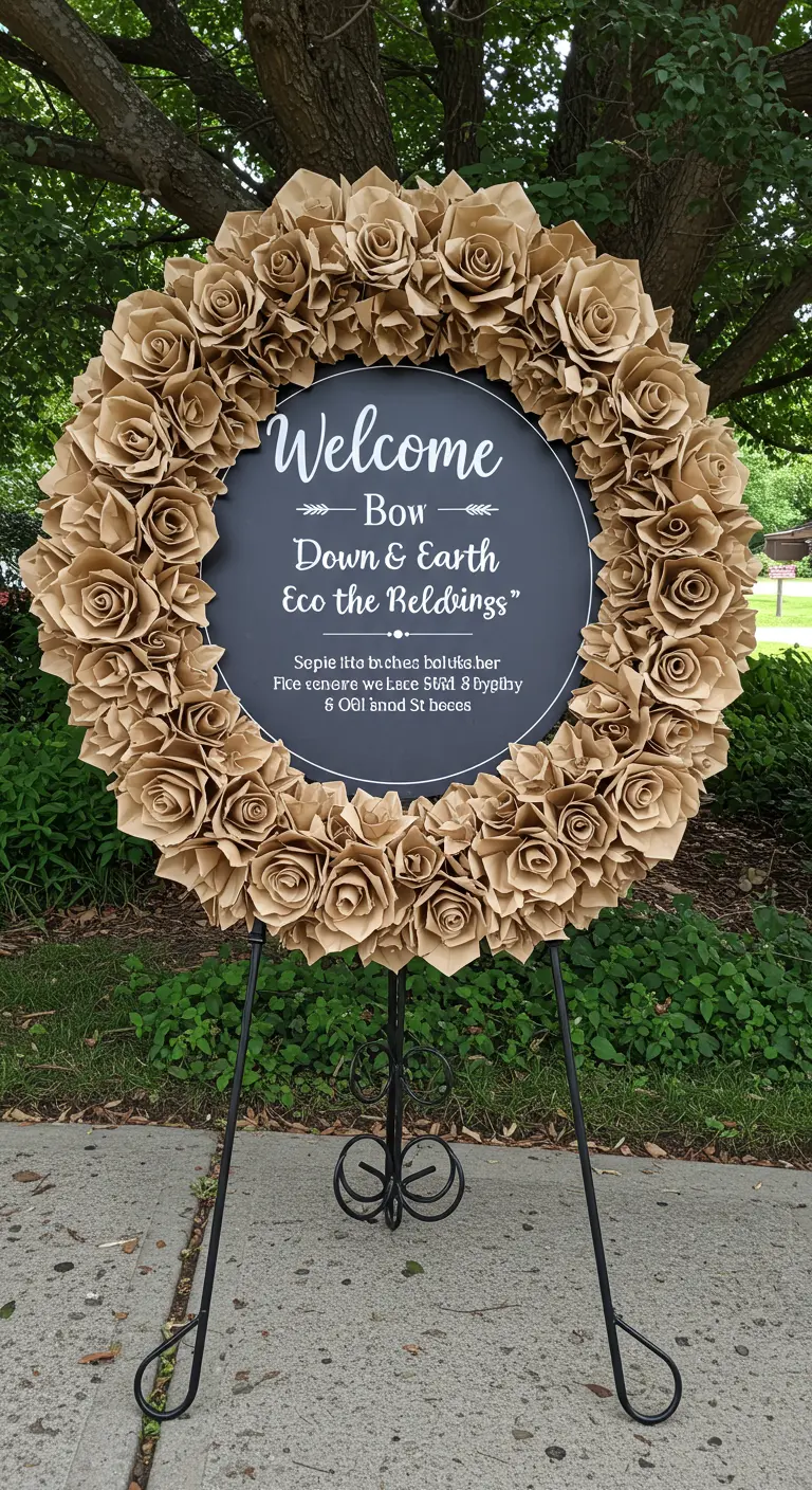 A round event welcome sign on a stand, encircled by a wreath of brown kraft paper roses.