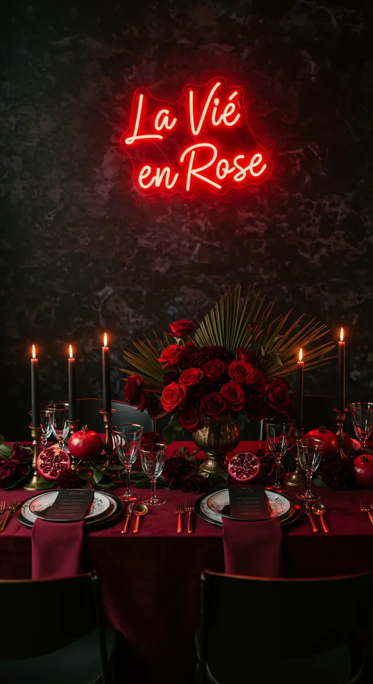 A romantic, moody tablescape with red roses, pomegranates, and a 'La Vie en Rose' neon sign.