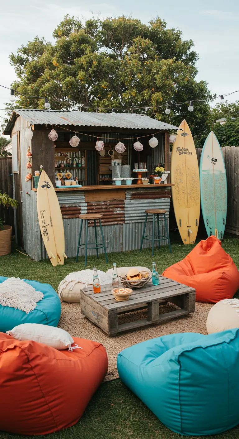 Outdoor surf shack bar with surfboards, a pallet table, and beanbag chairs.
