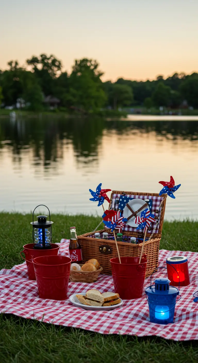 Fourth of July picnic by a lake with a gingham blanket, picnic basket, and red pails.