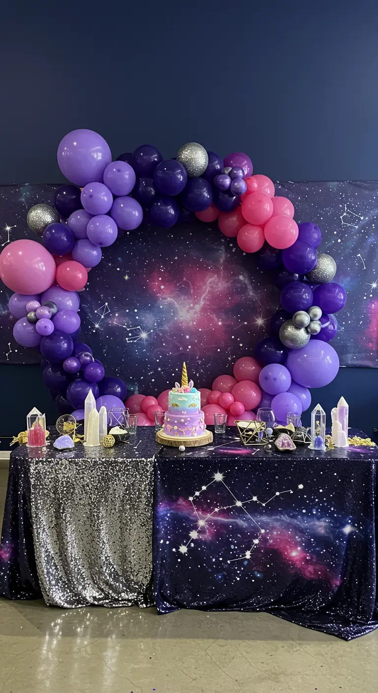 Celestial unicorn party with a galaxy backdrop and a purple balloon hoop.