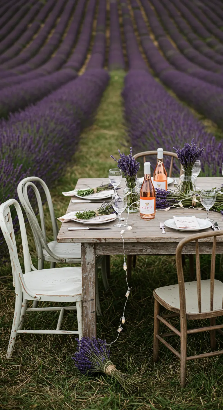 Rustic table set in a lavender field with fresh lavender bouquets and rosé wine.