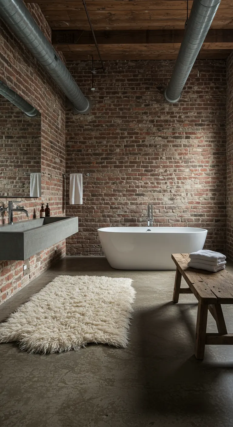 Industrial bathroom with brick walls and a plush white shag rug.