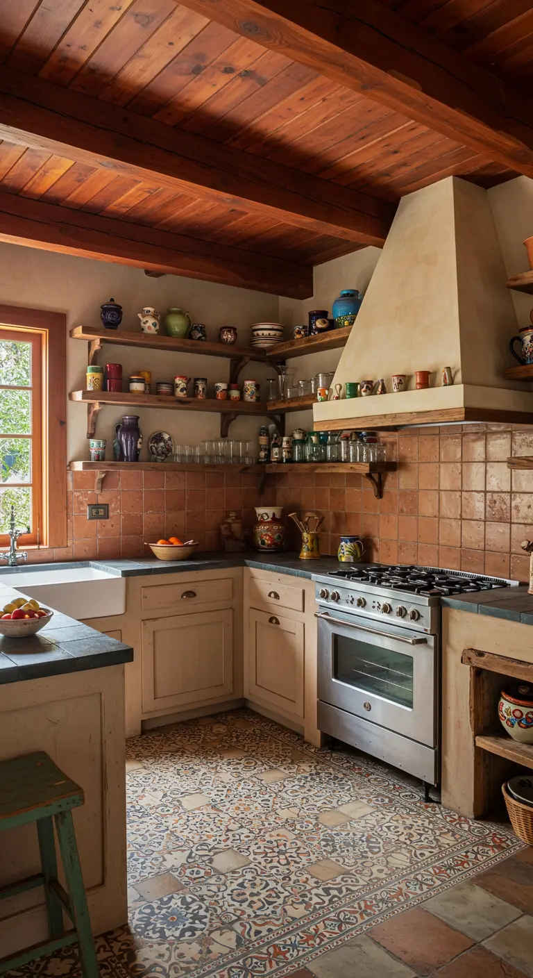 Rustic kitchen with patterned floor tiles, terracotta backsplash, and open shelving.