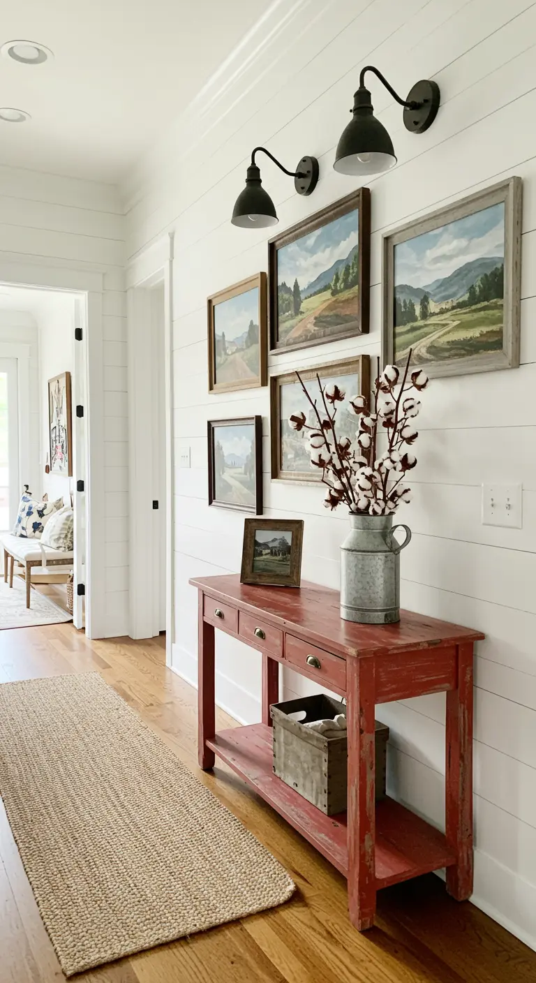 Modern farmhouse hallway with shiplap walls, a distressed red console, and barn sconces.