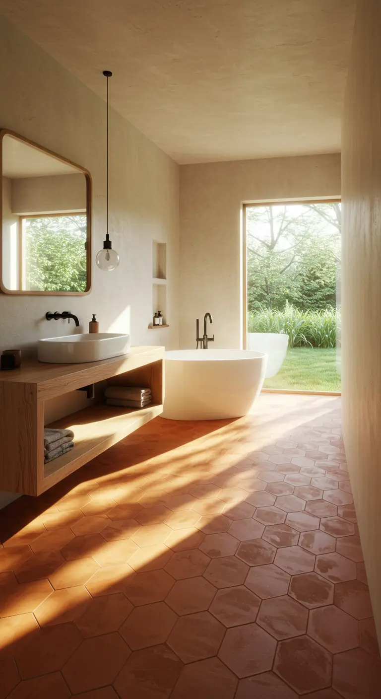Minimalist bathroom with hexagonal terracotta floors, a wood vanity, and a large window.
