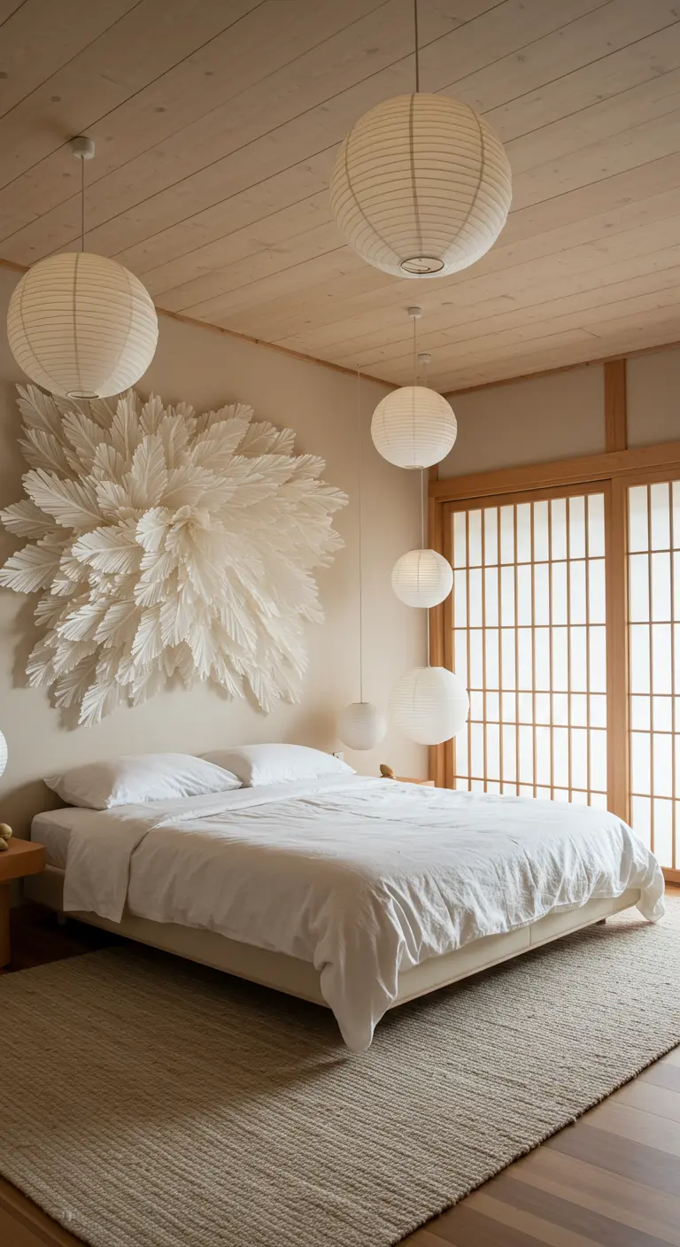 A Japandi-style bedroom with a cluster of paper lanterns hanging above the bed.