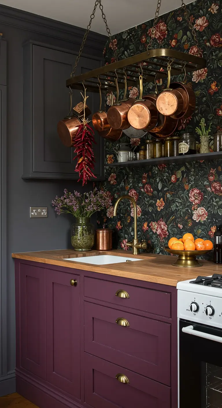 A dramatic kitchen with plum cabinets, a floral wallpaper backsplash, and a hanging copper pot rack.
