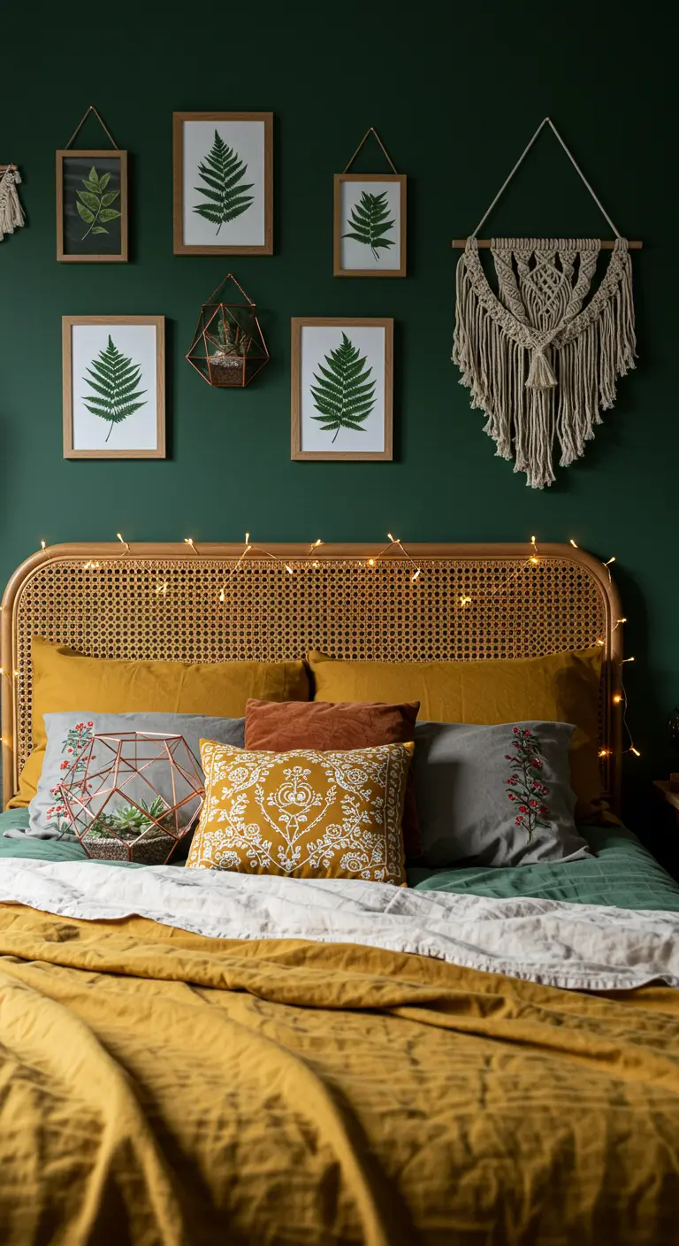 Boho bedroom with a rattan headboard, gallery wall of fern prints, and mustard yellow bedding.