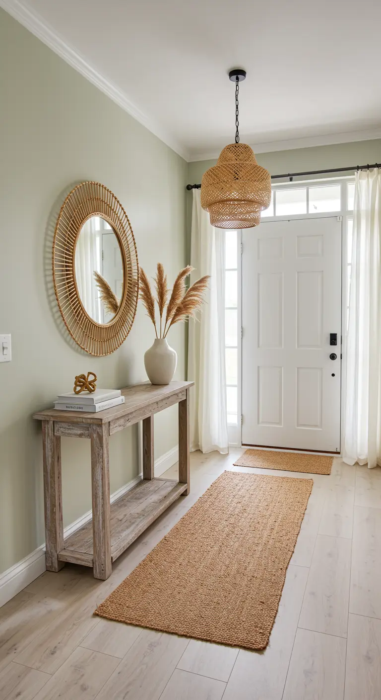 Entryway with a weathered console table, round rattan mirror, and a jute runner.